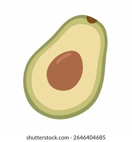 Meio abacate com semente em um estilo de desenho animado plana vintage, com tons verdes e contornos suaves. Ideal para ilustrações de alimentos com base em plantas, bem-estar, dieta e nutrição.