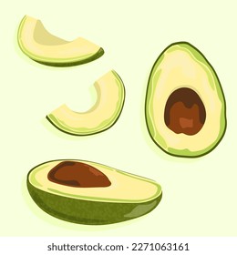 Half an avocado with a stone from different angles and avocado slices. Sliced avocado. Vector image of food. Useful vegetables for the diet.