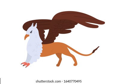 Half bald eagle and lion mythical creature isolated on white background. Cartoon griffon vector flat illustration. Mythology character with wings colorful fantasy animal