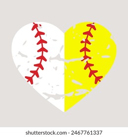 Half Baseball Half Softball Heart. Element for designs, cards, invitations, fabrics, prints, stickers. Vector Illustration.