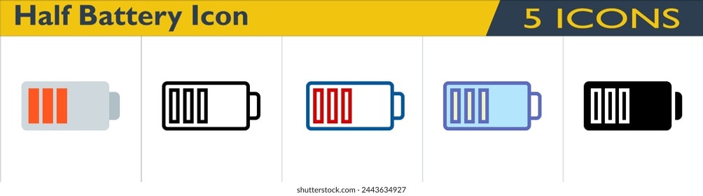 Half Battery icon with 5 styles (outline, color lineal, color outline, solid and color)