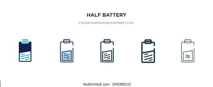 half battery icon in different style vector illustration. two colored and black half battery vector icons designed in filled, outline, line and stroke style can be used for web, mobile, ui