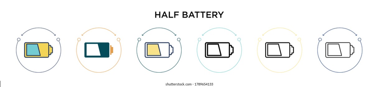 Half battery icon in filled, thin line, outline and stroke style. Vector illustration of two colored and black half battery vector icons designs can be used for mobile, ui, web