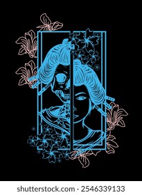 A half beautiful girl and half ghost inside a floral frame t-shirt design