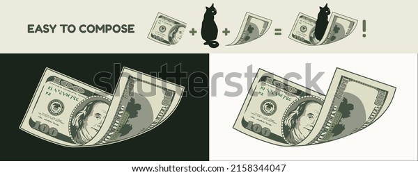 Half bent american 100 dollar bill. Flying\
falling banknote. Cash money. Divided into two parts to design\
easy. Detailed vector\
illustration