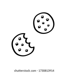 Half bitten chocolate chip cookie and a full chocolate chip cookie outlined vector on white background