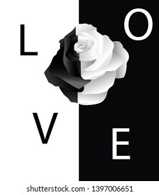 Half black roses on a white background, half a white rose on a black background With a love letter - เวกเตอร์