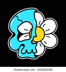 Half of blue skull with camomile flower inside tee,t-shirt print. Vector hand drawn line 70s style cartoon character illustration. Trippy half skull,flower print for t-shirt,poster,card concept
