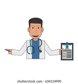 half body caricature doctor male with table diagnostic and stethoscope