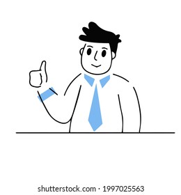 Half body character. Businessman at table. Hand thumbs up gesture. Male character in suit and tie. Happy man. Outline cartoon. Good mood and approval