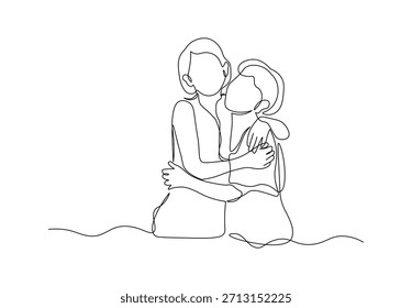 Ilustración de línea continua de medio cuerpo de dos mujeres abrazándose. Arte de línea minimalista de una madre y una hija amorosas