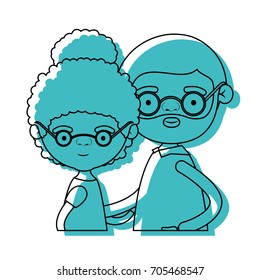 half body couple elderly of grandmother with curly bun hair with grandfather with beard and glasses in blue watercolor silhouette vector illustration