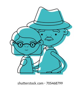 half body couple elderly of grandmother with glasses and short hair with grandfather with hat and moustache in blue watercolor silhouette vector illustration