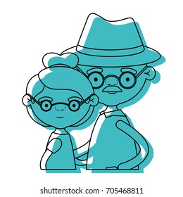 half body couple elderly of grandmother with glasses and bun hair with grandfather with hat and moustache in blue watercolor silhouette vector illustration