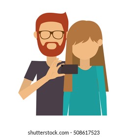 half body couple where man of beard and glasses take selfie
