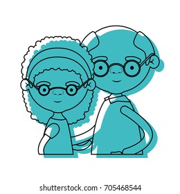 half body elderly couple with grandmother bow lace and curly hairstyle and grandfather with glasses in blue watercolor silhouette vector illustration