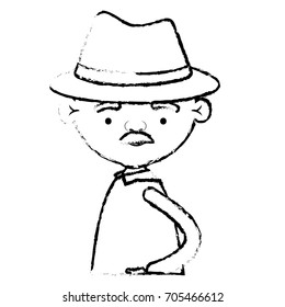 half body elderly man in clothes with moustache and hat in blurred silhouette vector illustration