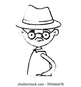half body elderly man in clothes with moustache and hat with glasses in blurred silhouette vector illustration