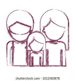 half body faceless people with man with beard and girl and woman with long straight hair in purple blurred contour