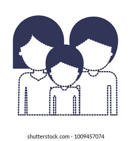 half body faceless people and woman mushroom hairstyle and man and boy with short hair in dark blue silhouette and dotted contour