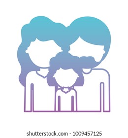 half body faceless people with woman and girl with wavy hair and man with beard in degraded blue to purple color silhouette