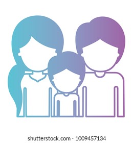 half body faceless people with woman with pigtail hairstyle and man and boy both with short hair in degraded blue to purple color silhouette