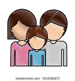 half body faceless people and woman mushroom hairstyle and man and boy with short hair in colored crayon silhouette