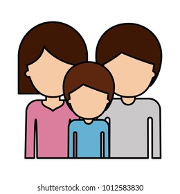 half body faceless people and woman mushroom hairstyle and man and boy with short hair in colorful silhouette with thick contour