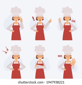 Carácter vectorial del medio cuerpo de la cocinera femenina con acción diversa, estilo de dibujos animados, ilustración vectorial plana.