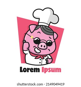 HALF BODY FUNNY PIG CHEF IS SMILING AND GIVE THUMBS UP CARTOON MASCOT DESIGN. 