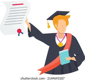 Half body graduate man raises his diploma. Graduation ceremony. Student party. Flat vector illustration.