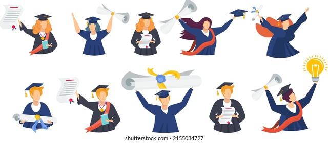 Half body graduate student man raises his diploma. Graduation ceremony. Student party. Flat vector illustration.