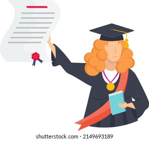 Half body graduate woman raises her diploma. Graduation ceremony. Student party. Flat vector illustration.