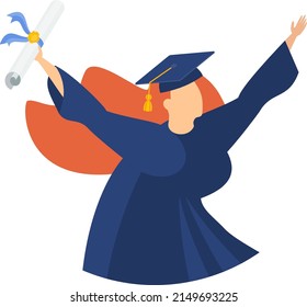 Half body graduate woman raises her diploma. Graduation ceremony. Student party. Flat vector illustration.