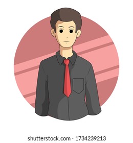 Half body man icon with black shirt and red tie. Cartoon style, cute and colorful