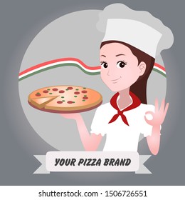 half body mascot woman with cartoon style for logo or media promotion. A chef woman brings pizza