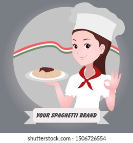 half body mascot woman with cartoon style for logo or media promotion. A chef woman brings spaghetti