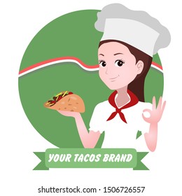 half body mascot woman with cartoon style for logo or media promotion. A chef woman brings tacos