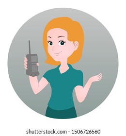 half body mascot woman with cartoon style for logo or media promotion. a woman poses as customer service holding a cellphone