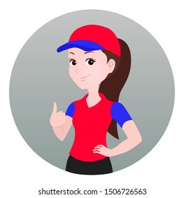 half body mascot woman with cartoon style for logo or media promotion. a woman with hat poses with a thumbs up