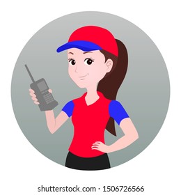 half body mascot woman with cartoon style for logo or media promotion. a woman poses as customer service holding a cellphone