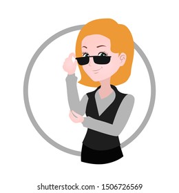 half body mascot woman with cartoon style for logo or media promotion. a woman posing in an office suit and sunglasses