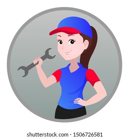 half body mascot woman with cartoon style for logo or media promotion. A workshop worker woman carrying a wrench