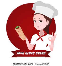 half body mascot woman with cartoon style for logo or media promotion. A chef woman brings kebab