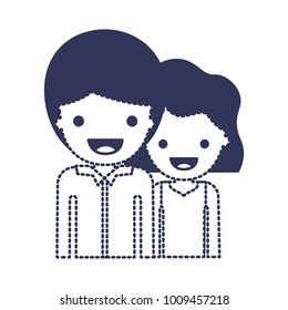 half body people with boy in shirt long sleeve and short hair and girl in t-shirt sleeveless and short wavy hair in dark blue silhouette and dotted contour