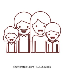 half body people with girl wavy hair and man with beard and woman with long straight hair and boy with short hair in brown contour