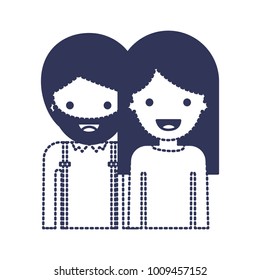 half body people with man with beard and woman with long straight hair in dark blue silhouette and dotted contour