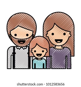 half body people with man with beard and girl and woman with long straight hair in colored crayon silhouette