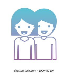 half body people and woman mushroom hairstyle and man with short hair in degraded blue to purple color silhouette