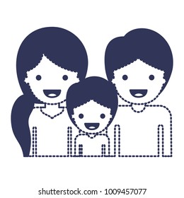 half body people with woman with pigtail hairstyle and man and boy both with short hair in dark blue silhouette and dotted contour
